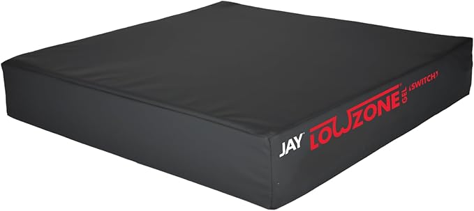 Black JAY Lowzone Gel Switch pressure relief wheelchair cushion with flat supportive seating surface.