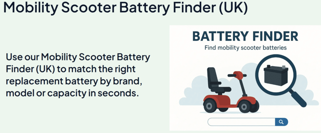 Mobility Scooter Battery Finder (UK) page with text explaining how to match replacement batteries by brand, model, or capacity, alongside a scooter graphic and battery search icon.