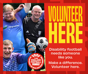 Poster with photos of smiling football volunteers and players beside bold text reading, “Volunteer Here.”