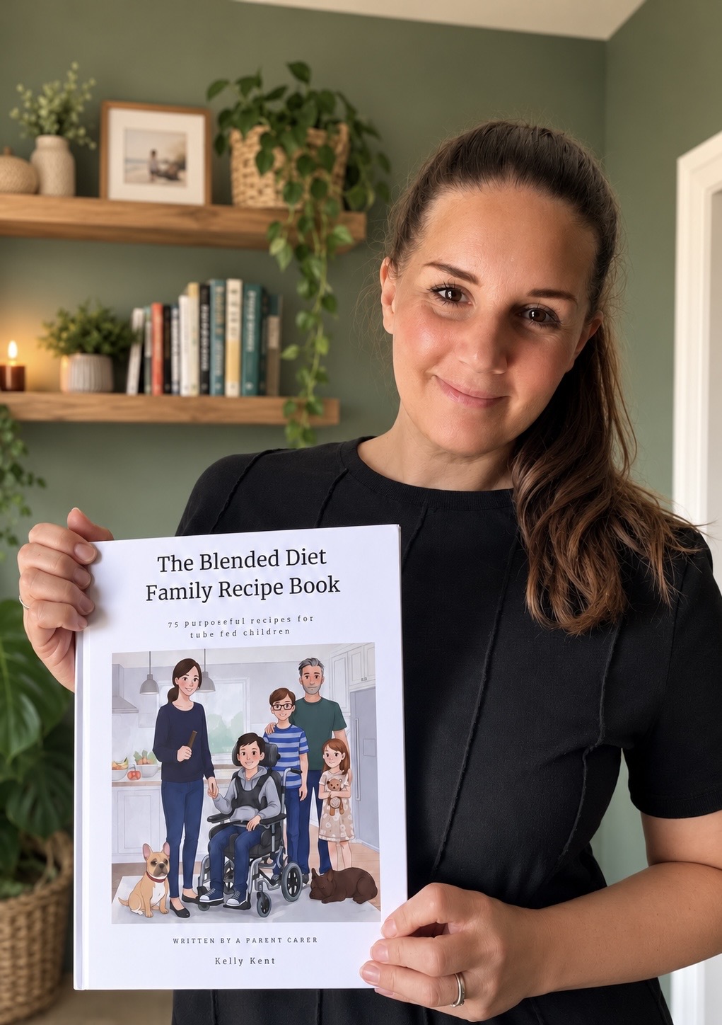 Kelly Kent holding her book The Blended Diet Family Recipe Book, which shares practical blended diet recipes and guidance for families of tube-fed children.