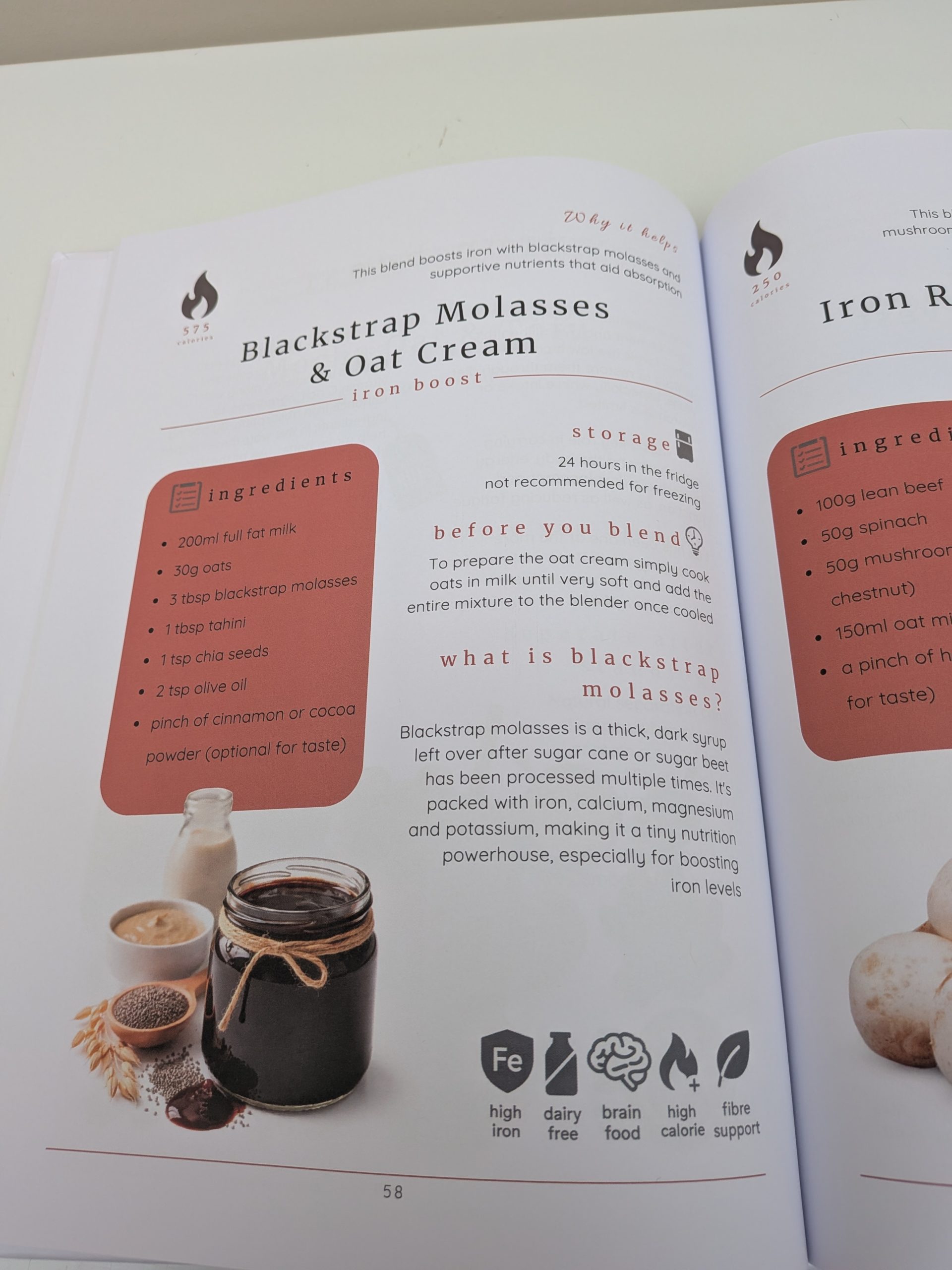 Blackstrap Molasses & Oat Cream blended tube feeding recipe from Kelly Kent’s Blended Diet Family Recipe Book, showing ingredients and nutritional information.
