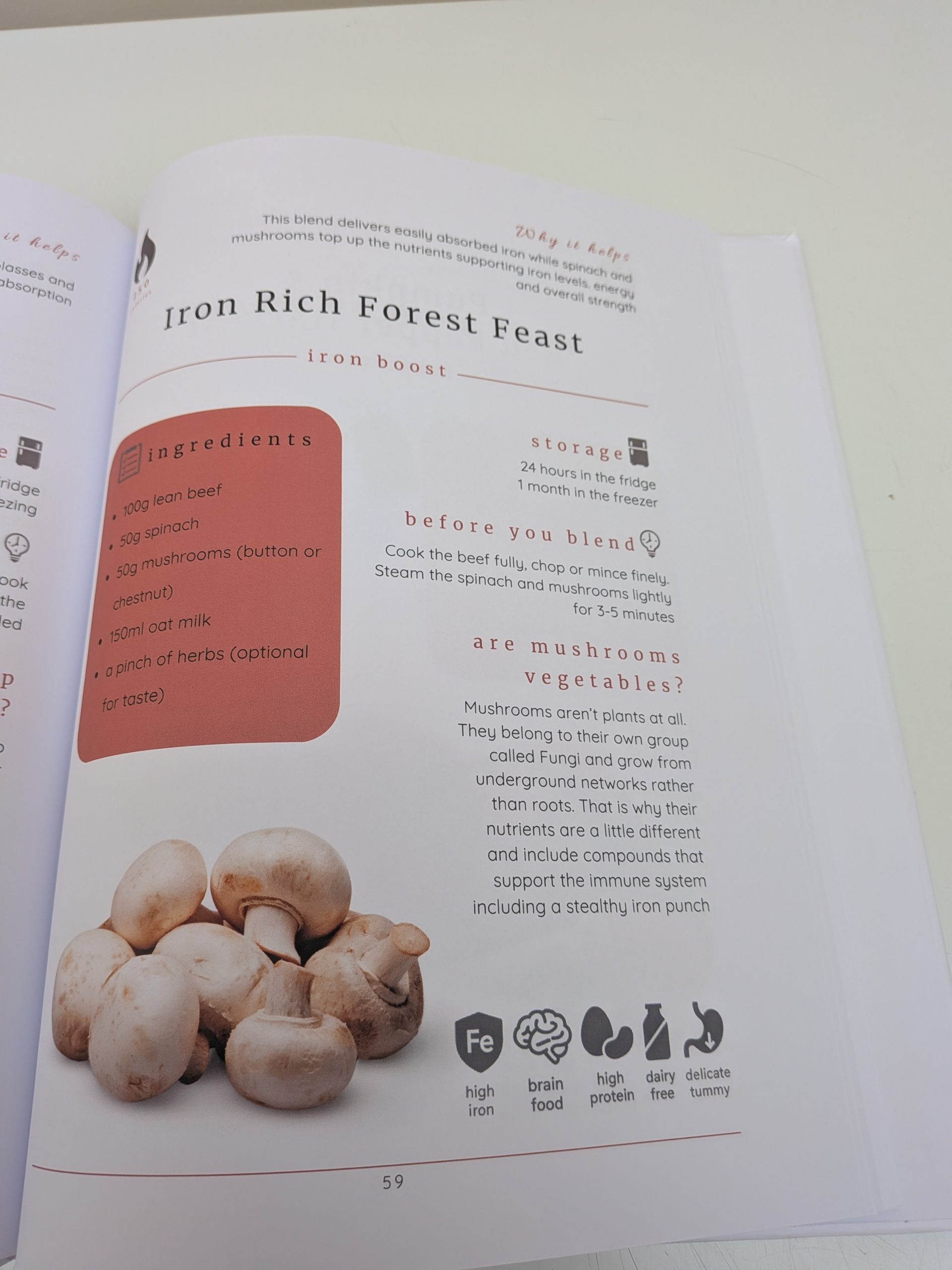 Iron Rich Forest Feast blended tube feeding recipe from Kelly Kent’s book, showing beef, spinach, mushrooms, ingredients and preparation tips.