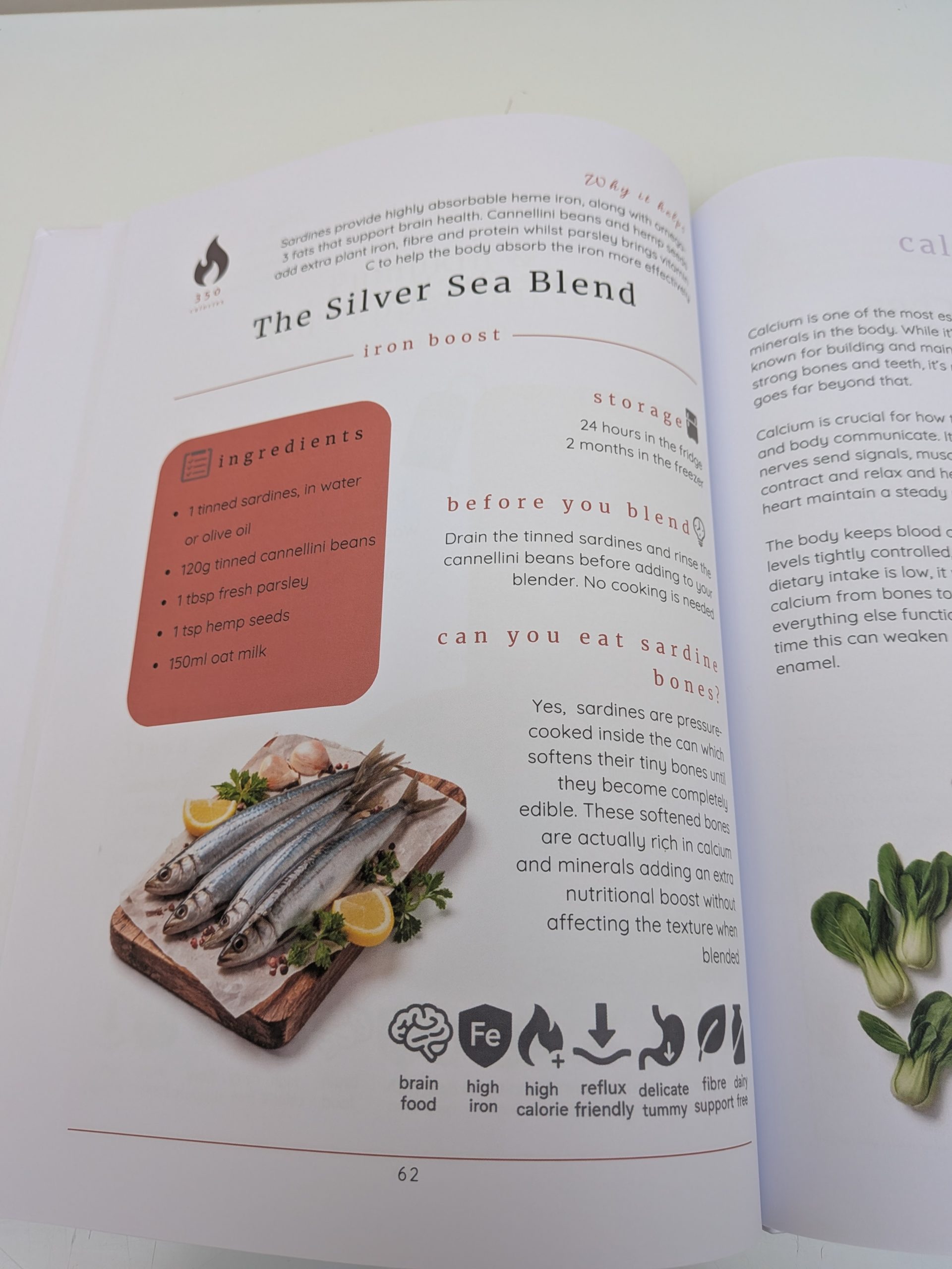 The Silver Sea Blend tube feeding recipe from Kelly Kent’s blended diet book, showing sardines, ingredients and iron-rich nutrition tips.
