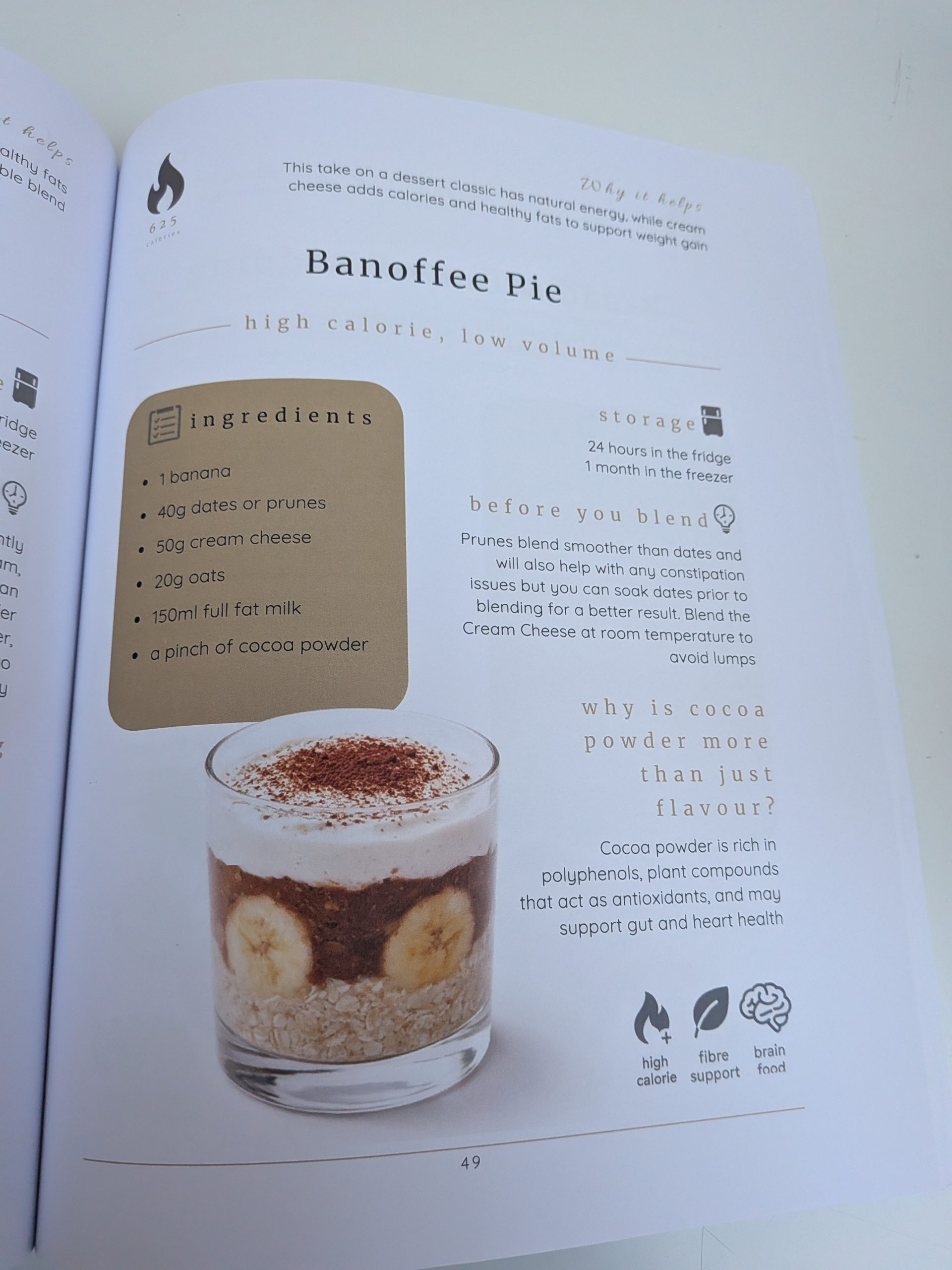 Banoffee Pie high-calorie blended tube feeding recipe from Kelly Kent’s book, showing ingredients, preparation tips and a layered dessert.