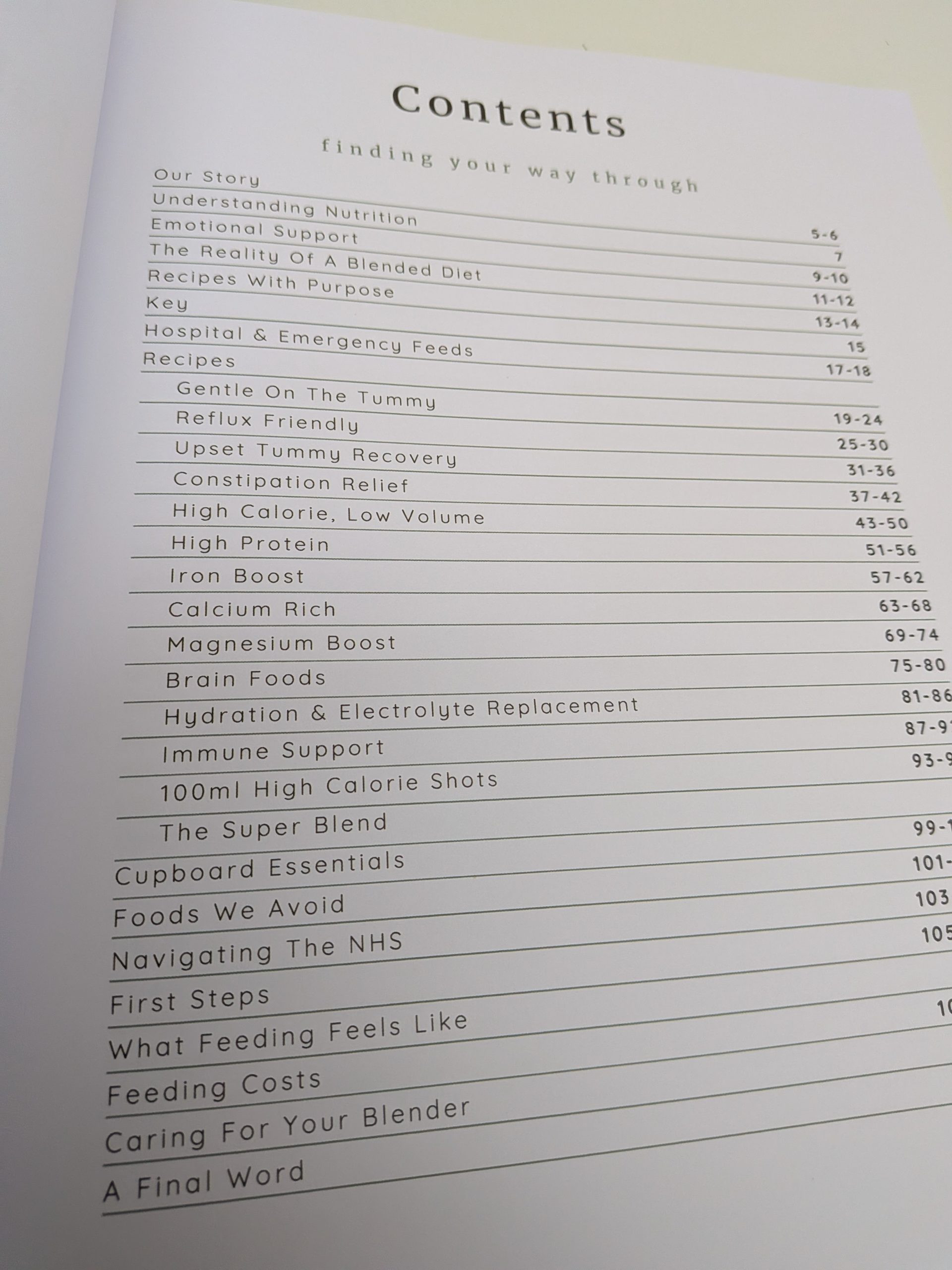 Contents page of Kelly Kent’s blended tube feeding recipe book, listing 75 recipes by nutritional needs, plus practical feeding advice.