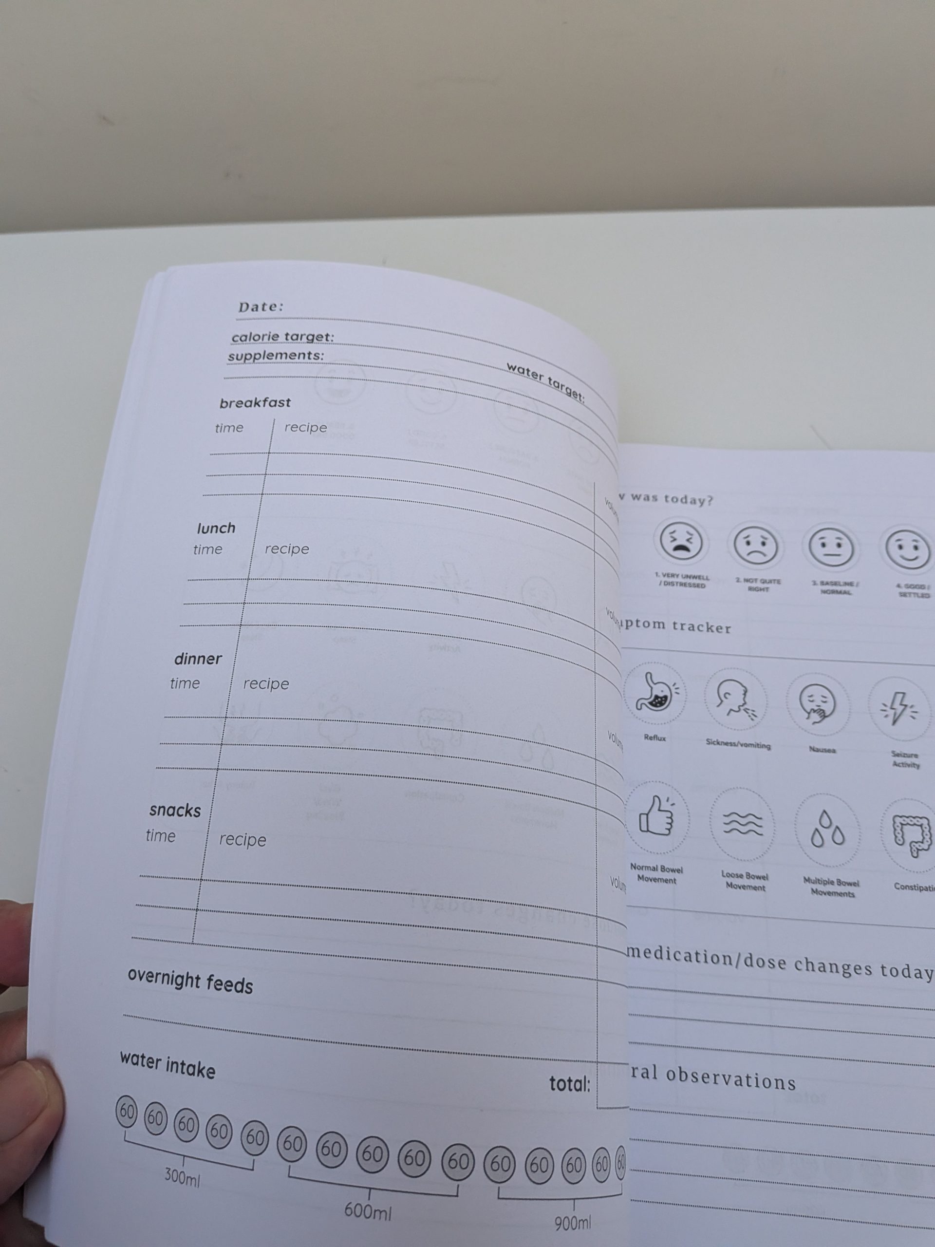 Open Blended Diet Family Feeding Companion showing daily tube feeding records, water intake, symptom tracking and medication notes.
