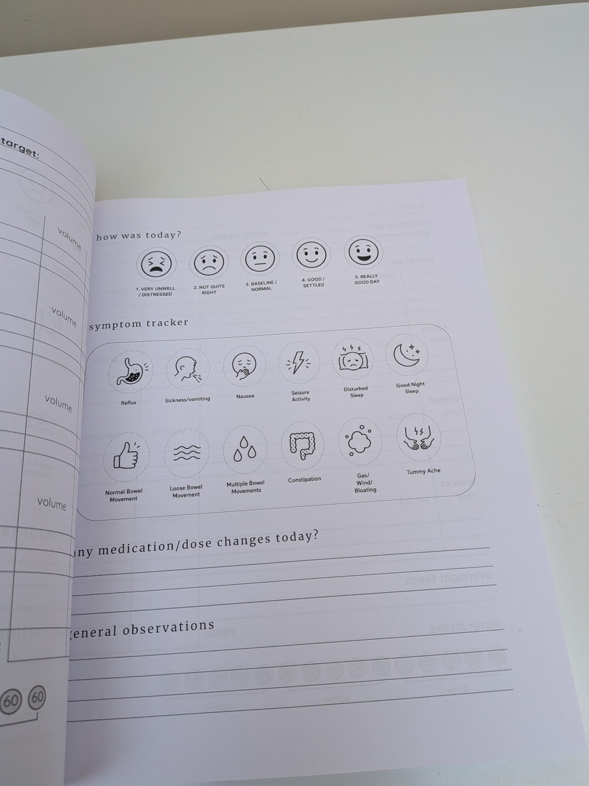 Symptom tracking page from The Blended Diet Family Feeding Companion, with mood ratings, digestive symptoms, sleep and medication notes.