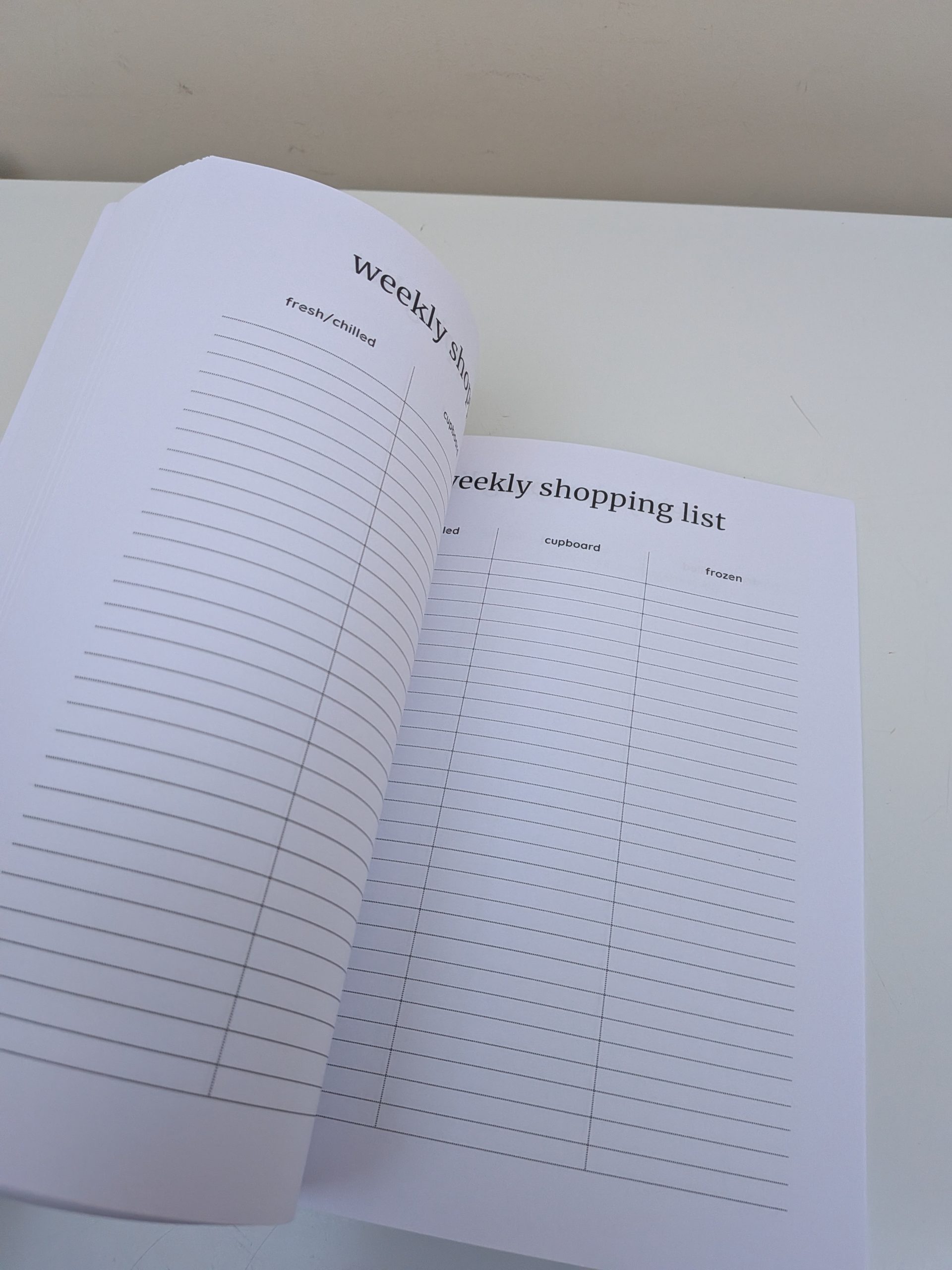 Alt text: Weekly shopping list pages from The Blended Diet Family Feeding Companion, with sections for fresh, chilled, cupboard and frozen foods.