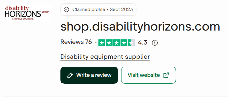 shop.disabilityhorizons.com logo
shop.disabilityhorizons.com 
Reviews 76 
•
TrustScore 4.5 out of 5
4.3

Disability equipment supplier